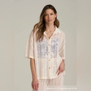American Tall Openwork Loose Knit short Sleeve  Top natural Cream S Button down